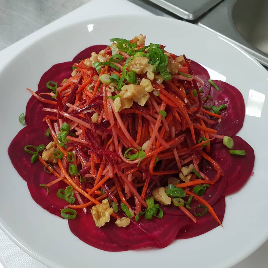Beet carpaccio with carrot slaw & walnuts